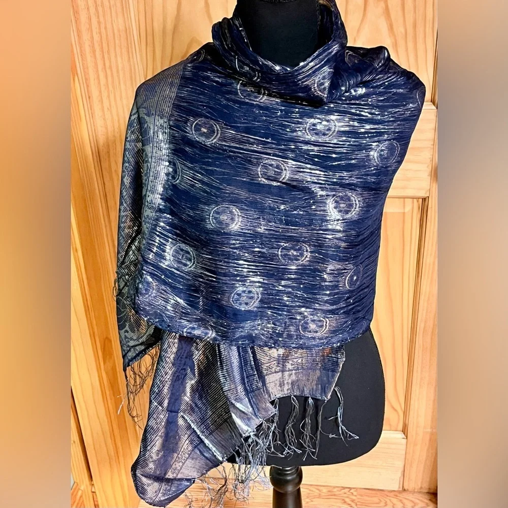 Vintage Navy Blue Silk Metallic Shimmer Scarf Wrap Evening Shawl Fringe Holiday